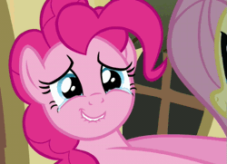 Size: 559x405 | Tagged: animated, cropped, derpibooru import, fluttershy, loop, offscreen character, pinkie pie, putting your hoof down, safe, screencap, solo focus, teary eyes