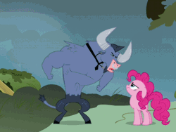 Size: 504x379 | Tagged: safe, derpibooru import, screencap, iron will, pinkie pie, earth pony, minotaur, pony, putting your hoof down, animated, argument, cartoon physics, female, long neck, long pony, male, mare, nope, pinkie being pinkie, pinkie physics, stretch