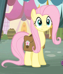 Size: 500x588 | Tagged: animated, cropped, derpibooru import, fluttershy, looking around, loop, putting your hoof down, saddle bag, safe, screencap, solo
