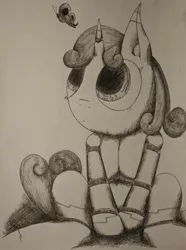 Size: 900x1212 | Tagged: safe, artist:ninjarat3, derpibooru import, sweetie belle, butterfly, pony, robot, robot pony, unicorn, black and white, female, filly, foal, grayscale, hooves, horn, monochrome, simple background, sitting, solo, sweetie bot