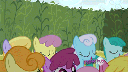 Size: 600x338 | Tagged: safe, derpibooru import, screencap, berry punch, berryshine, carrot top, cherry berry, cloud kicker, fluttershy, golden harvest, linky, parasol, shoeshine, spring melody, sprinkle medley, twinkleshine, pony, putting your hoof down, animated, background pony, hub logo