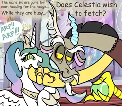 Size: 826x714 | Tagged: safe, artist:mickeymonster, derpibooru import, discord, princess celestia, ball, behaving like a dog, celestiabuse, dialogue, discorded, dislestia, drool, female, fetch, grin, lidded eyes, male, mind control, open mouth, pet play, smiling, smirk, spread wings, straight, swirly eyes, tennis ball, tongue out
