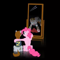 Size: 955x955 | Tagged: semi-grimdark, artist:catsby, derpibooru import, pinkie pie, oc, oc:littlepip, earth pony, pony, unicorn, fallout equestria, fanfic, armor, back, bleeding, blood, clothes, crossover, cutie mark, darkness, dream, dress, fanfic art, female, floppy ears, glowing horn, gritted teeth, hooves, horn, hug, magic, mare, ministry mares, mirror, pipbuck, raider, sitting, standing, teeth, vault suit