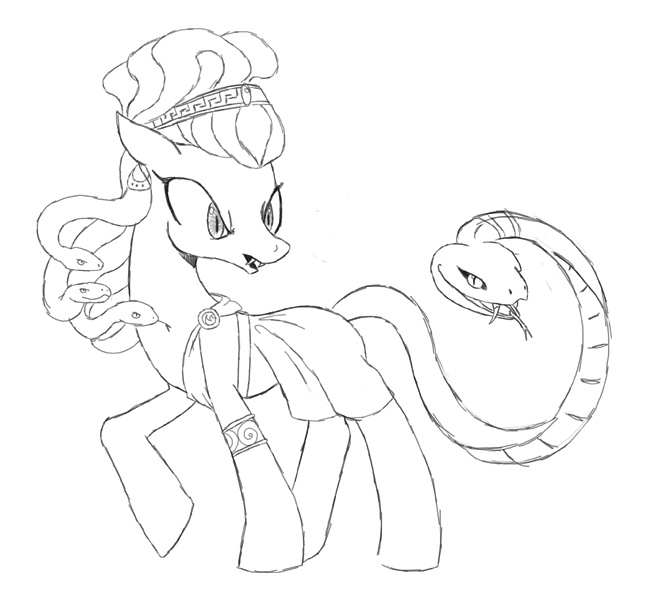 Size: 650x595 | Tagged: safe, artist:voodoo-tiki, derpibooru import, oc, ponified, gorgon, medusa, pony, snake, black and white, clothes, female, grayscale, greek clothing, mare, monochrome, simple background, snake for a tail, solo, tail, white background