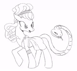 Size: 650x595 | Tagged: safe, artist:voodoo-tiki, derpibooru import, oc, ponified, gorgon, medusa, pony, snake, black and white, clothes, female, grayscale, greek clothing, mare, monochrome, simple background, snake for a tail, solo, tail, white background