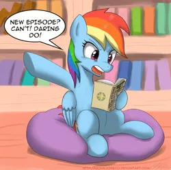 Size: 800x792 | Tagged: safe, artist:johnjoseco, derpibooru import, daring do, rainbow dash, pegasus, pony, adobe imageready, bean bag chair, book, couch, dialogue, female, golden oaks library, holding, library, mare, open mouth, reading, sitting, solo, talking to herself