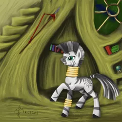 Size: 1024x1024 | Tagged: artist:dalagar, derpibooru import, ear piercing, earring, female, jewelry, piercing, quadrupedal, raised hoof, safe, smiling, solo, spear, stairs, weapon, window, zebra, zecora, zecora's hut