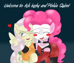 Size: 1268x1086 | Tagged: dead source, safe, artist:blackbewhite2k7, derpibooru import, fluttershy, pinkie pie, earth pony, pegasus, pony, batman, clothes, costume, crossover, female, flutterpie, gradient background, harley quinn, lesbian, mare, poison ivy, shipping