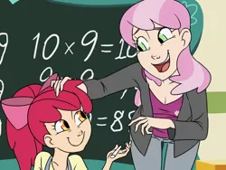 Size: 1024x768 | Tagged: apple bloom, artist:thelivingmachine02, chalkboard, cheerilee, derpibooru import, female, gimp, human, humanized, math, safe, teacher and student, you're doing it wrong