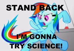 Size: 1000x696 | Tagged: safe, derpibooru import, rainbow dash, pegasus, pony, female, flask, mare, missing cutie mark, open mouth, safety goggles, science, solo, spread wings, text, wings