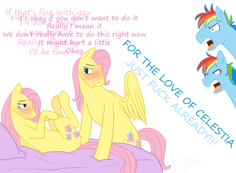 Size: 1000x734 | Tagged: questionable, artist:cartoonlion, derpibooru import, fluttershy, rainbow dash, pegasus, pony, bed, blushing, butterscotch, dialogue, female, flutterscotch, fuck already, imminent sex, male, mare, rainbow blitz, rule 63, self ponidox, selfcest, shipping, simple background, stallion, straight, white background