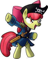 Size: 912x1118 | Tagged: safe, artist:miketheuser, derpibooru import, apple bloom, earth pony, pony, apple bloom's bow, bipedal, bottomless, bow, clothes, costume, female, filly, hair bow, partial nudity, pirate, simple background, solo, transparent background, wooden sword
