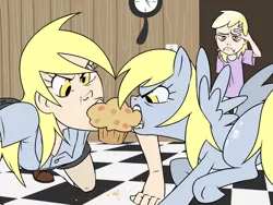 Size: 1024x768 | Tagged: safe, artist:thelivingmachine02, derpibooru import, derpy hooves, dinky hooves, human, pegasus, pony, clock, crumbs, facepalm, female, fight, floor, funny, funny as hell, gimp, human ponidox, humanized, mare, mouth hold, muffin, self ponidox, that pony sure does love muffins, tug of war, unamused, wat