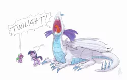 Size: 1200x760 | Tagged: artist:carnifex, derpibooru import, dragon, dragonified, giggling, magic, open mouth, ponified, ponified spike, raridragon, rarity, safe, species swap, spell, spell gone wrong, spike, thagomizer, twilight sparkle, yelling