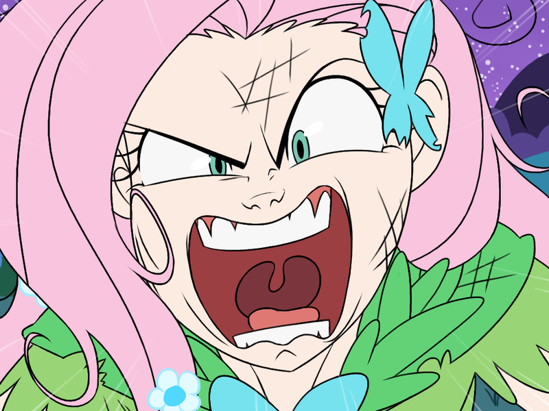 Size: 1024x768 | Tagged: artist:thelivingmachine02, close-up, clothes, derpibooru import, dress, female, flutterrage, fluttershy, gala dress, gums, human, humanized, looking at you, open mouth, safe, scene interpretation, solo, the best night ever, uvula, wide eyes, yelling, you're going to love me