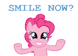 Size: 900x640 | Tagged: source needed, useless source url, safe, artist:sociox, derpibooru import, pinkie pie, earth pony, pony, animated, caption, female, gif, homestuck, looking at you, mare, meme, no more ponies at source, simple background, smiling, solo, text, transparent background, what now