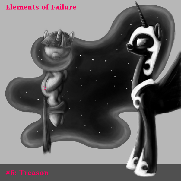 Size: 600x600 | Tagged: artist:haretrinity, derpibooru import, elements of failure, nightmare moon, partial color, semi-grimdark, treason, twilight sparkle