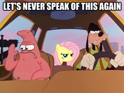 Size: 624x468 | Tagged: a goofy movie, car, crossover, derpibooru import, edit, fluttershy, funny, goofy (disney), image macro, patrick star, reaction image, safe, spongebob squarepants, toon disney, valentine's day (spongebob episode), wat