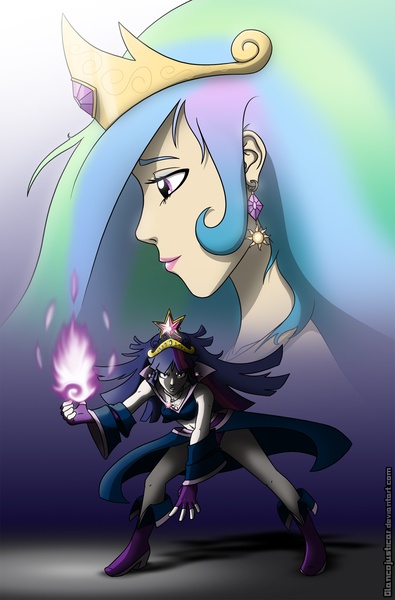 Size: 1500x2280 | Tagged: artist:glancojusticar, big crown thingy, derpibooru import, element of magic, female, human, humanized, magic, photoshop, princess celestia, safe, twilight sparkle