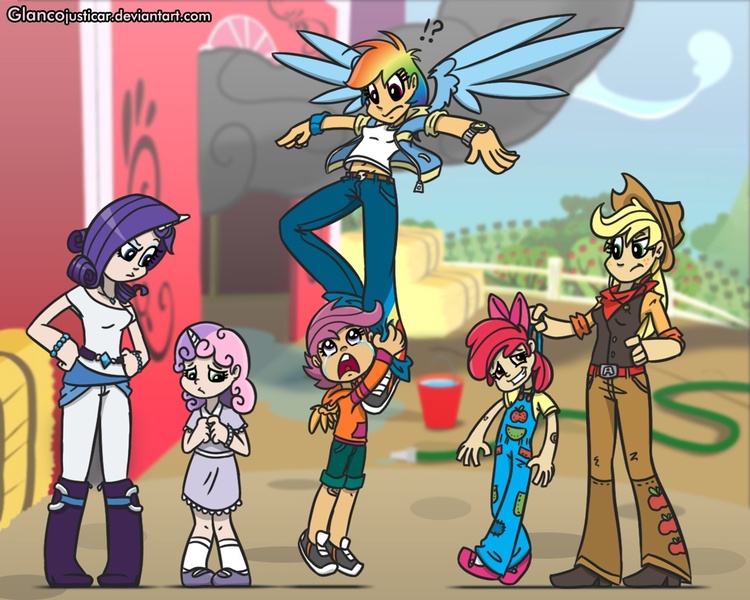 Size: 1152x922 | Tagged: apple bloom, applejack, applejack's hat, artist:glancojusticar, bandage, bandaid, bandana, barn, belly button, boots, clothes, cowboy boots, cowboy hat, cowboy vest, cutie mark crusaders, derpibooru import, dress, female, flying, hat, hay bale, horned humanization, human, humanized, let me love you, overalls, pointed breasts, rainbow dash, rarity, safe, scootaloo, siblings, smoke, sweetie belle, winged humanization, wings, wristwatch