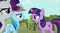 Size: 855x470 | Tagged: derpibooru import, rainbow dash, rarity, safe, screencap, the super speedy cider squeezy 6000, twilight sparkle, youtube caption