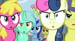 Size: 854x472 | Tagged: bon bon, carrot top, cherry berry, comet tail, derpibooru import, golden harvest, lucky clover, merry may, minuette, neon lights, rising star, safe, screencap, sweetie drops, terrorist, the super speedy cider squeezy 6000, this will end in pain, youtube caption