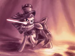 Size: 1200x900 | Tagged: artist:kp-shadowsquirrel, chancellor puddinghead, clothes, costume, crossover, derpibooru import, emperor palpatine, hat, monochrome, mouth hold, pinkamena diane pie, pinkie pie, ruff (clothing), safe, solo, star wars, weapon