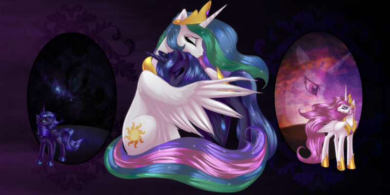 Size: 2000x1000 | Tagged: safe, artist:rizcifra, derpibooru import, princess celestia, princess luna, alicorn, pony, adobe imageready, cosmic love, cute, cutelestia, duality, duo, duo female, eyes closed, feels, female, first princess celestia picture, floral, florence and the machine, frown, hug, looking up, lunabetes, mare, s1 luna, sad, sadorable, sisterly love, sitting, song reference, song reference at source, spread wings, window, winghug