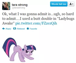 Size: 456x378 | Tagged: brony queen, butt shake, derpibooru import, face down ass up, meta, plot, safe, sunshine sunshine, tara strong, twilight sparkle, twitter