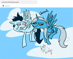 Size: 992x802 | Tagged: safe, artist:ghost, derpibooru import, soarin', trixie, alicorn, pegasus, pony, ask, ask-stoned-trixie, bloodshot eyes, cloud, drugs, duo, flying, sky, stoned trixie, trixiecorn, tumblr