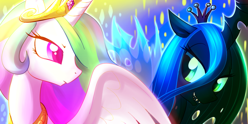 Size: 1200x600 | Tagged: safe, artist:madmax, derpibooru import, princess celestia, queen chrysalis, alicorn, changeling, changeling queen, pony, duo, duo female, female, frown, grin, image, lidded eyes, mare, png, smiling