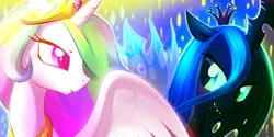 Size: 1200x600 | Tagged: safe, artist:madmax, derpibooru import, princess celestia, queen chrysalis, alicorn, changeling, changeling queen, pony, duo, duo female, female, frown, grin, image, lidded eyes, mare, png, smiling
