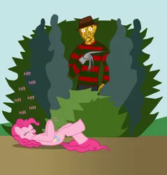 Size: 956x1000 | Tagged: artist needed, safe, derpibooru import, pinkie pie, earth pony, human, pony, anatomically incorrect, bush, clapping, clothes, crossover, duo, female, freddy krueger, frown, gloves, happy, incorrect leg anatomy, laughing, laughter song, mare, nightmare on elm street, perplexed, rolling, wide eyes