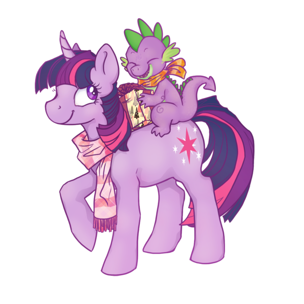 Size: 1100x1100 | Tagged: safe, artist:yu-jie, derpibooru import, spike, twilight sparkle, dragon, pony, unicorn, clothes, dragons riding ponies, duo, eyes closed, female, male, mare, raised hoof, riding, scarf, unicorn twilight