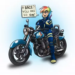 Size: 1024x1024 | Tagged: artist:glancojusticar, derpibooru import, female, human, humanized, motorcycle, rainbow dash, safe, solo