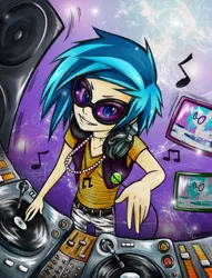 Size: 600x784 | Tagged: artist:christinies, blue eyes, derpibooru import, female, human, humanized, looking at you, music notes, safe, solo, speakers, turntable, vinyl scratch