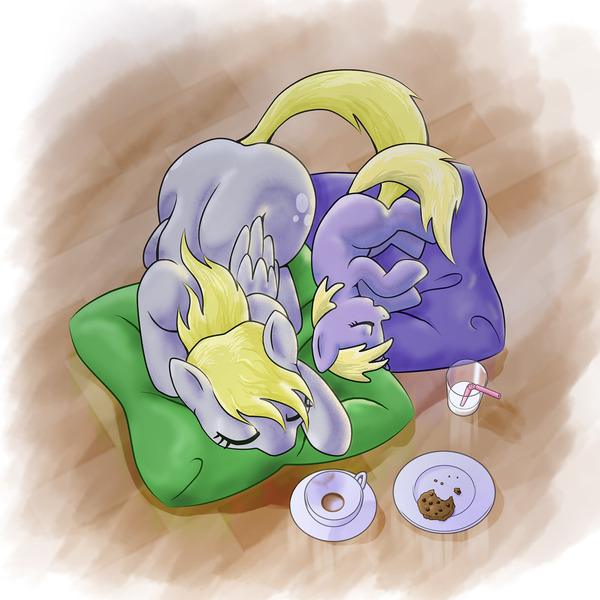 Size: 1400x1400 | Tagged: safe, artist:muffinshire, derpibooru import, derpy hooves, dinky hooves, pegasus, pony, cookie, equestria's best mother, female, mare, milk, mother and daughter, sleeping, tea