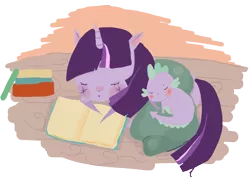 Size: 1101x810 | Tagged: artist:treescab, blanket, book, derpibooru import, mama twilight, safe, sleeping, spike, twilight sparkle