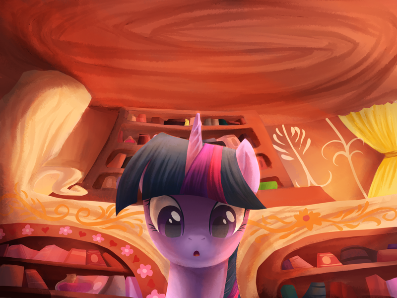 Size: 1200x900 | Tagged: safe, artist:aurarrius, derpibooru import, twilight sparkle, pony, female, golden oaks library, library, looking at you, mare, open mouth, solo