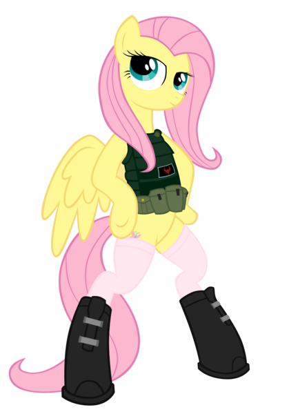 Size: 2129x3046 | Tagged: safe, artist:shadawg, derpibooru import, fluttershy, pony, bipedal, body armor, clothes, flak jacket, high res, simple background, solo, stockings, transparent background