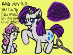Size: 640x480 | Tagged: derpibooru import, haircut, rarity, safe, scissors, sweetie belle