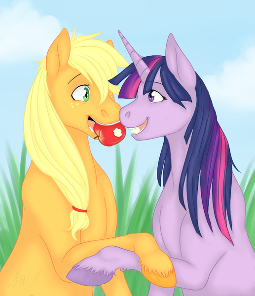 Size: 755x876 | Tagged: apple, applejack, artist:cartoonlion, cute, derpibooru import, eye contact, female, hoers, holding hooves, lesbian, mouth hold, nibbling, safe, sharing, shipping, smiling, twijack, twilight sparkle, unshorn fetlocks