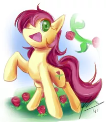 Size: 612x709 | Tagged: safe, artist:howlzapper, derpibooru import, roseluck, earth pony, pony, female, flower, mare, rose, smiling, solo