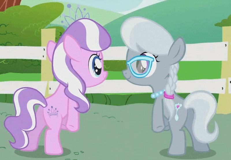 Size: 970x673 | Tagged: safe, derpibooru import, screencap, diamond tiara, silver spoon, earth pony, pony, call of the cutie, animated, arrogant, balancing, best friends, bipedal, bump bump sugar lump rump, cropped, cute, diamondbetes, duo, eye contact, female, filly, glasses, loop, open mouth, plot, raised leg, silverbetes, sin of pride, smiling, standing, standing on one leg, underhoof