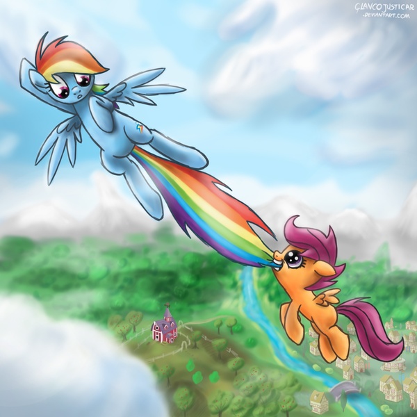 Size: 1500x1500 | Tagged: safe, artist:glancojusticar, derpibooru import, rainbow dash, scootaloo, pegasus, pony, barn, biting, female, filly, flying, flying lesson, mare, nom, ponyville, sweet apple acres, tail bite