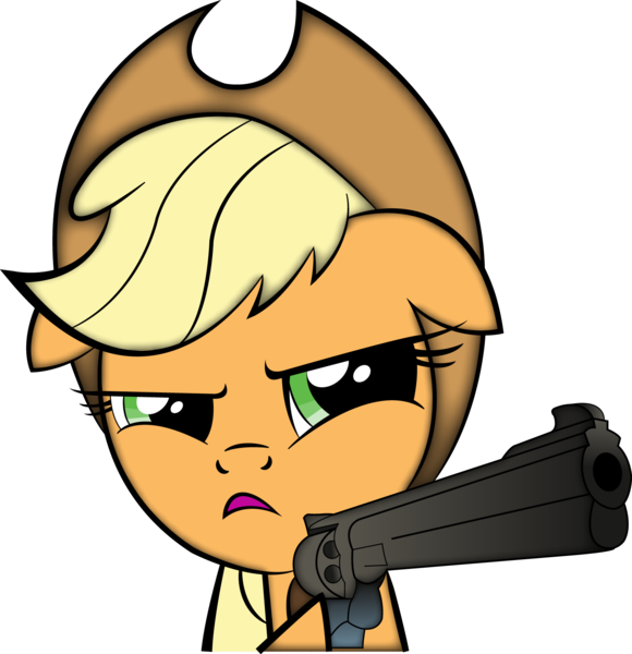 Size: 1463x1513 | Tagged: safe, artist:miroslav46, derpibooru import, applejack, earth pony, pony, female, floppy ears, frown, glare, gun, have a nice day, hoof hold, mare, pistol, revolver, simple background, solo, transparent background, vector, weapon