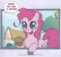 Size: 802x761 | Tagged: safe, artist:dormantotter, derpibooru import, pinkie pie, earth pony, pony, breaking the fourth wall, dialogue, food, fourth wall, monitor, muffin, smiling, solo, speech bubble