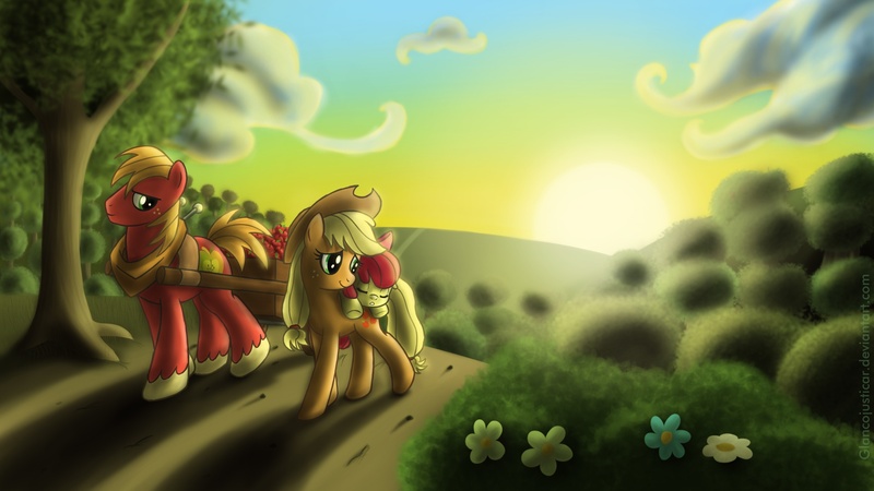 Size: 1920x1080 | Tagged: safe, artist:glancojusticar, derpibooru import, apple bloom, applejack, big macintosh, earth pony, pony, apple siblings, apple sisters, brother and sister, female, filly, flower, foal, male, mare, siblings, sisters, sleeping, stallion, sunset, tree, trio, wallpaper