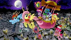 Size: 2560x1440 | Tagged: safe, artist:glancojusticar, artist:laugh, derpibooru import, applejack, derpy hooves, fluttershy, pinkie pie, rainbow dash, rarity, spike, twilight sparkle, pegasus, pony, christmas, female, flying, happy, hat, mane six, mare, present, rudolph dash, rudolph nose, santa hat, sleigh, snow, winter