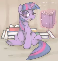 Size: 893x945 | Tagged: safe, artist:soulspade, derpibooru import, twilight sparkle, pony, unicorn, book, dialogue, female, glasses, levitation, magic, magic aura, mare, open mouth, reading glasses, sitting, solo, telekinesis, unicorn twilight